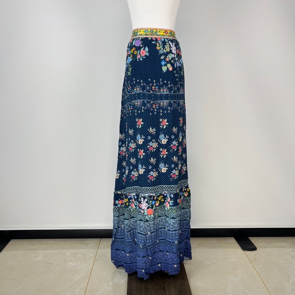 NWOT Johnny Was Blue Floral Elastic Waist Maxi Skirt Size S Pull-On - Picture 5 of 14